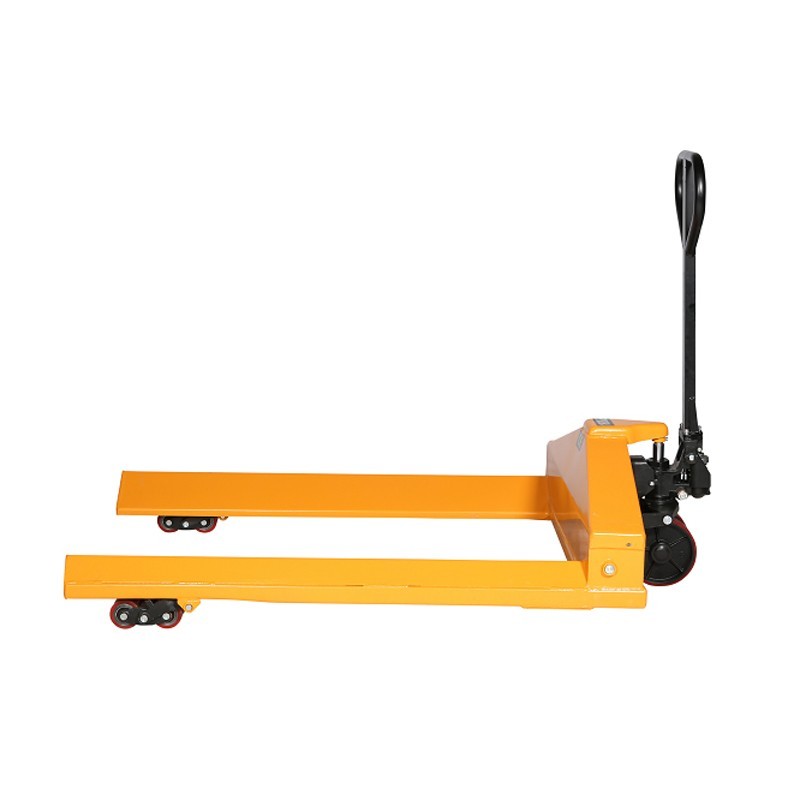 Vista de perfil de la transpaleta porta bidones 1500kg ancho 990mm