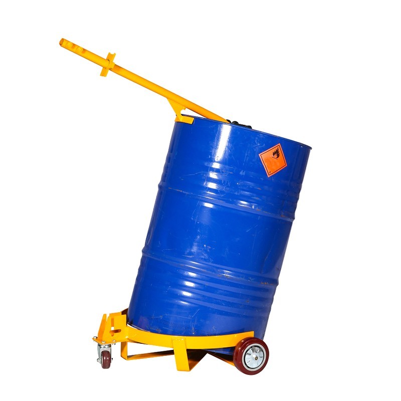 Vista del carro para bidones de acero 500kg con la manija alta