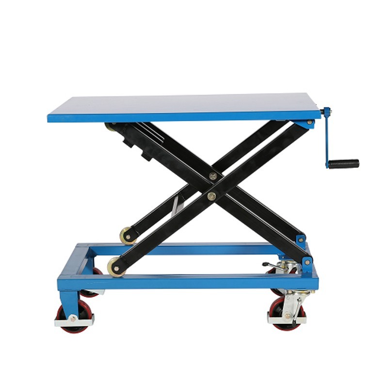 Vista de perfil de la mesa elevadora con manivela azul 300kg plataforma medio-alta