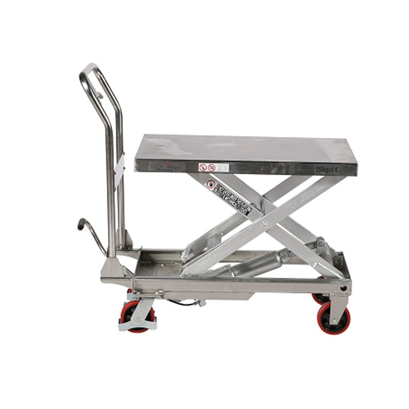 Vista de perfil de la mesa elevadora INOX 304 250kg plataforma medio-alta