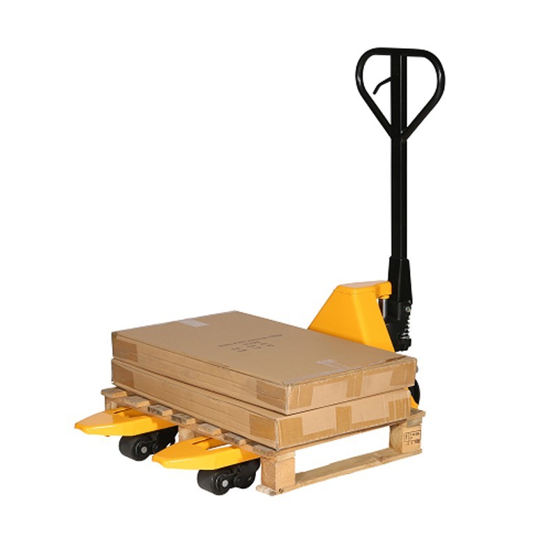 Transpaleta 2500kg horquillas 800mm rodillos dobles con paleta y cartones