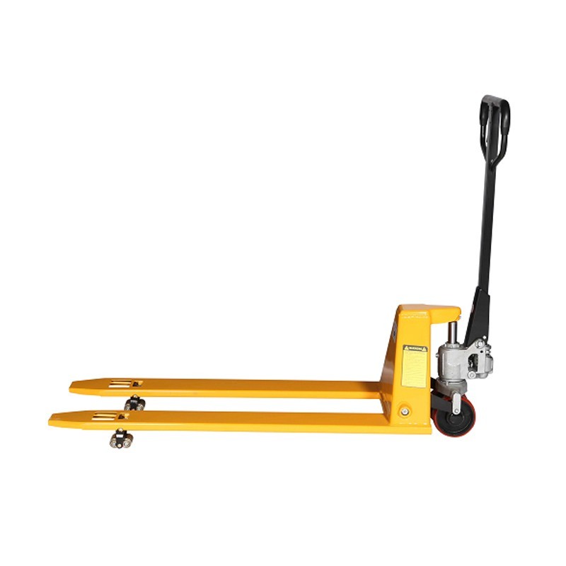 Vista de perfil de la transpaleta perfil bajo 35mm rodillos en posición de elevación