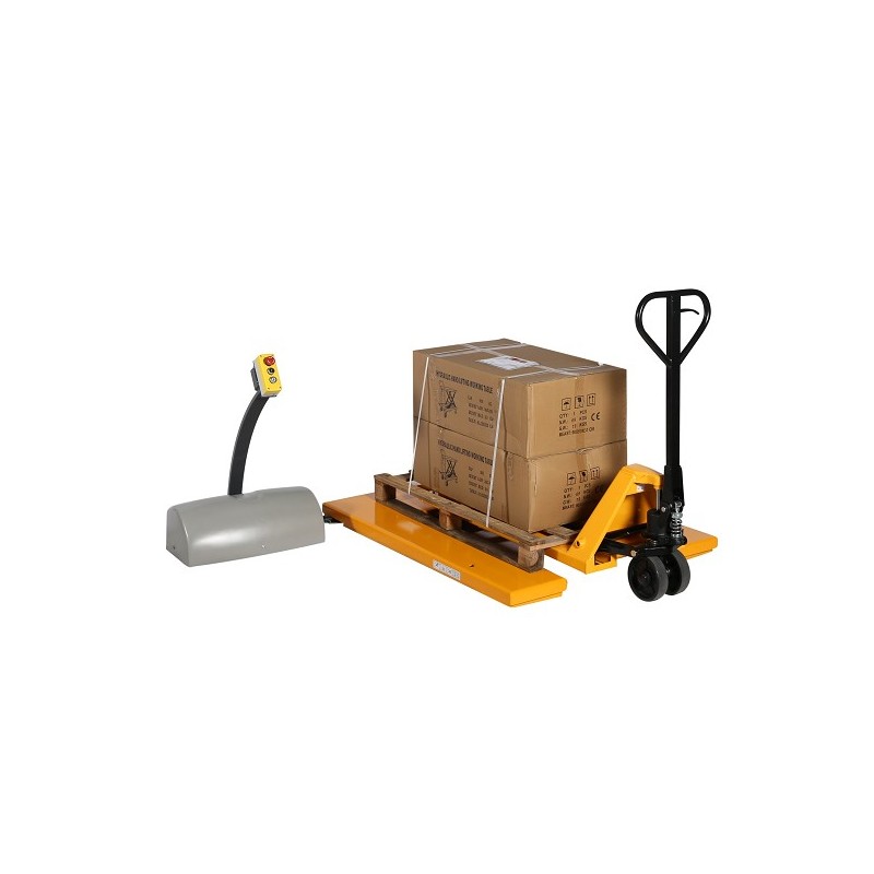 Mesa elevadora en E 1000 kg plataforma baja con paleta y una transpaleta