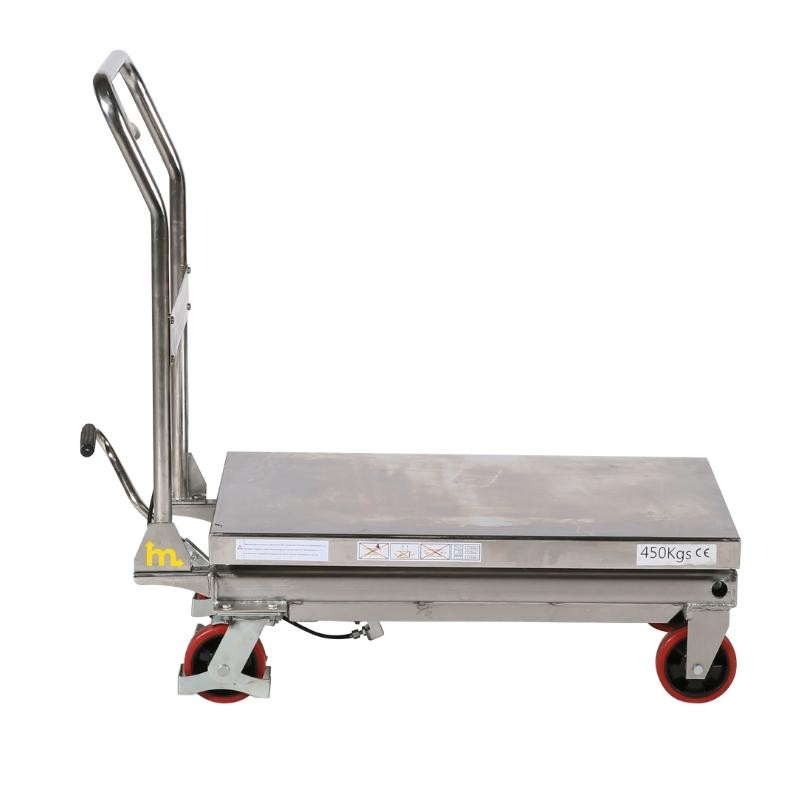Vista de perfil de la mesa elevadora inoxidable 450 kg