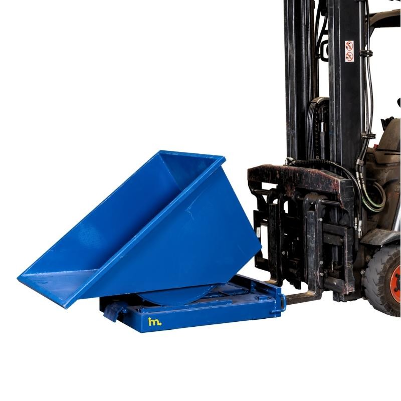 Tolva autobasculante 300L azul con una carretilla elevadora