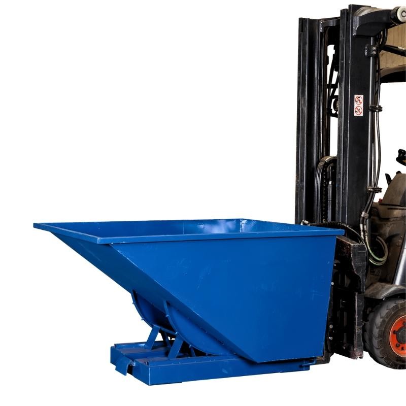 Vista general de la tolva autobasculante 900L azul en posición baja