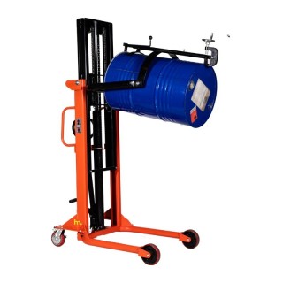 Vista desde 3/4 del apilador volteador de barriles 350kg 2000mm con un barril