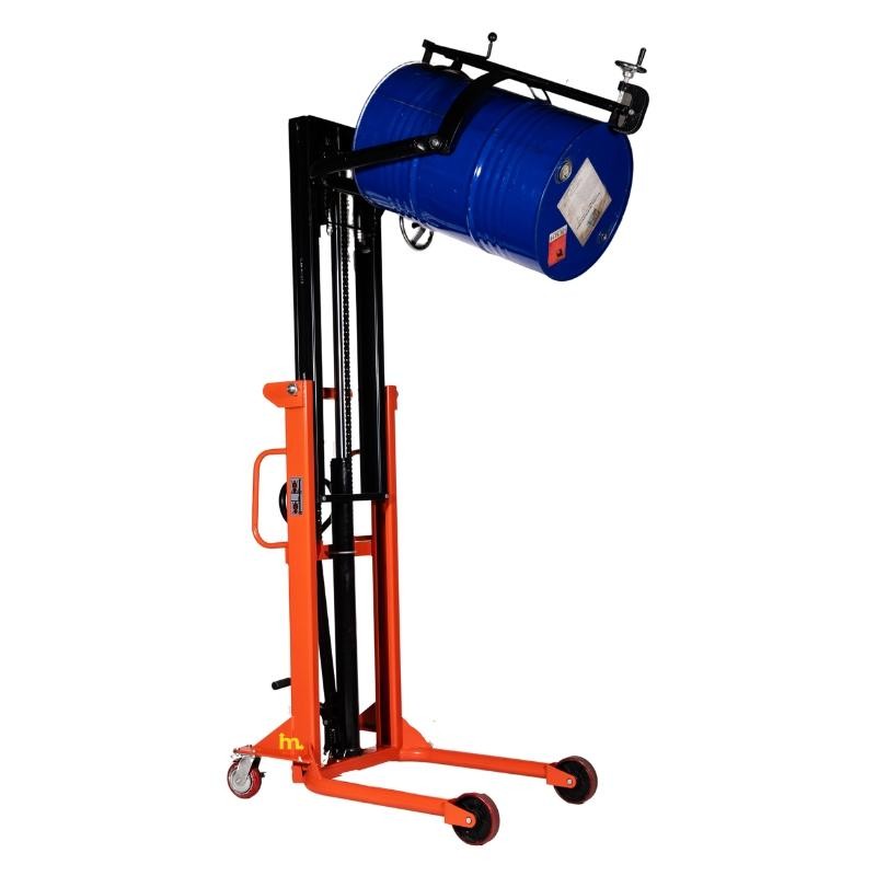 Vista desde 3/4 del apilador volteador de barriles 350kg 2000mm-barril horizontal