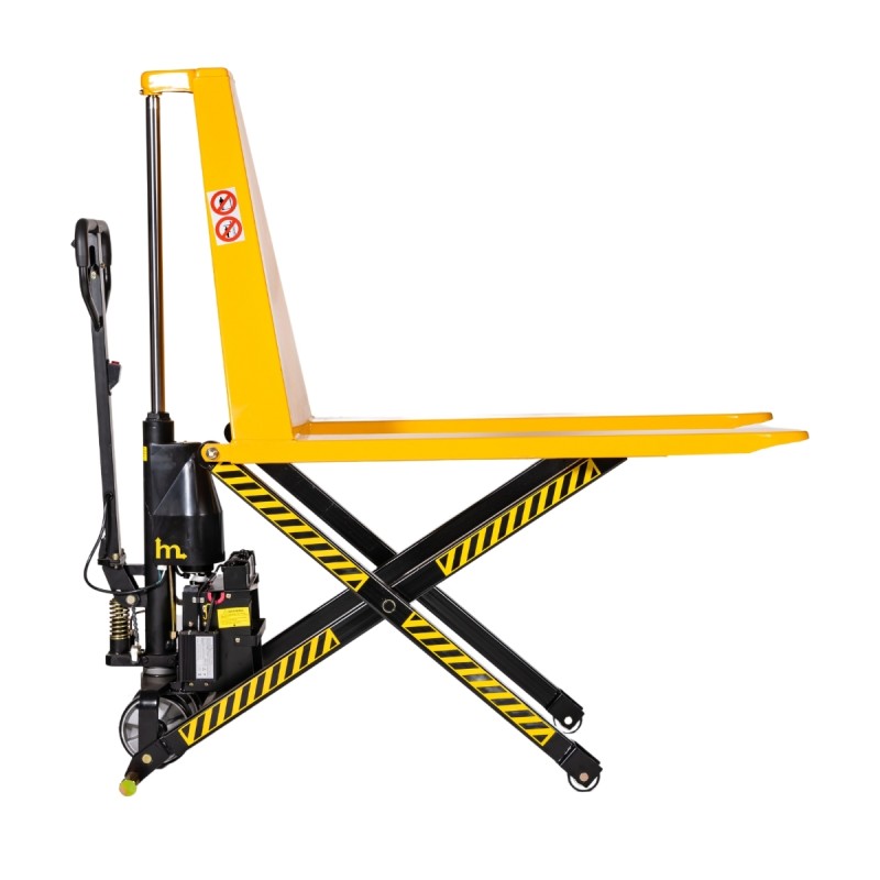 Vista de perfil de la Transpaleta Eléctrica Elevadora Monocilíndrica Capacidad 1500 Kg - 680 Mm De Ancho horquillas levantadas