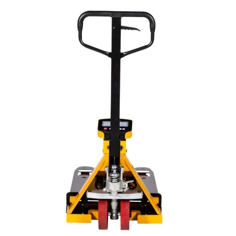 Vista frontal de la transpaleta pesadora a batería 2000kg