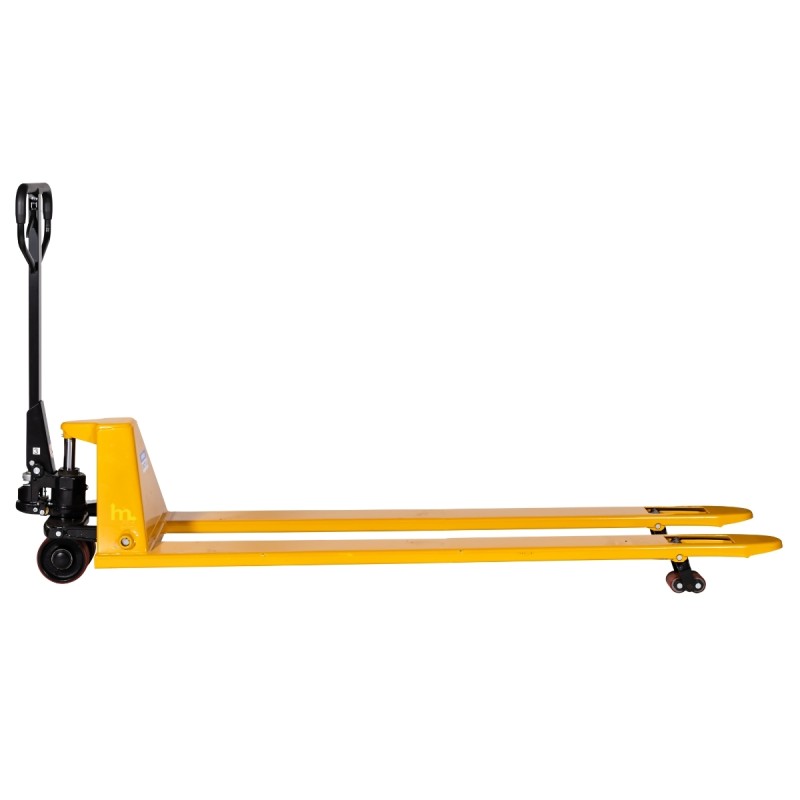 Vista de perfil de la Transpaleta manual 1500 kg perfil bajo 52 mm, horquillas 1800 mm con las horquillas levantadas