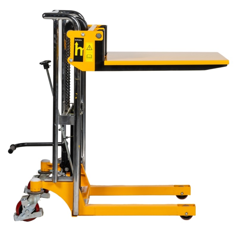 Vista de perfil del Mini apilador manual 400 kg - Elevación 850 mm con una bandeja