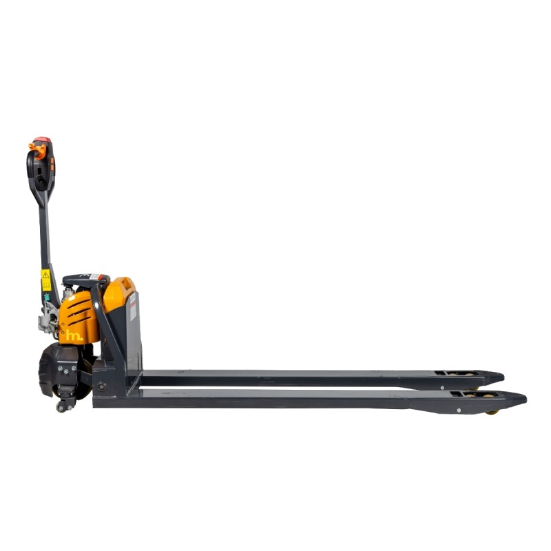 Vista de perfil de la transpaleta eléctrica litio 30Ah horquillas 1800mm