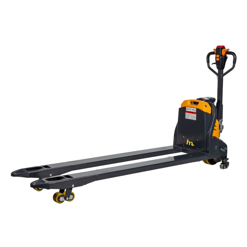 Vista trasera de 3/4 de la transpaleta eléctrica litio 30Ah horquillas 1800mm con rodillos elevados