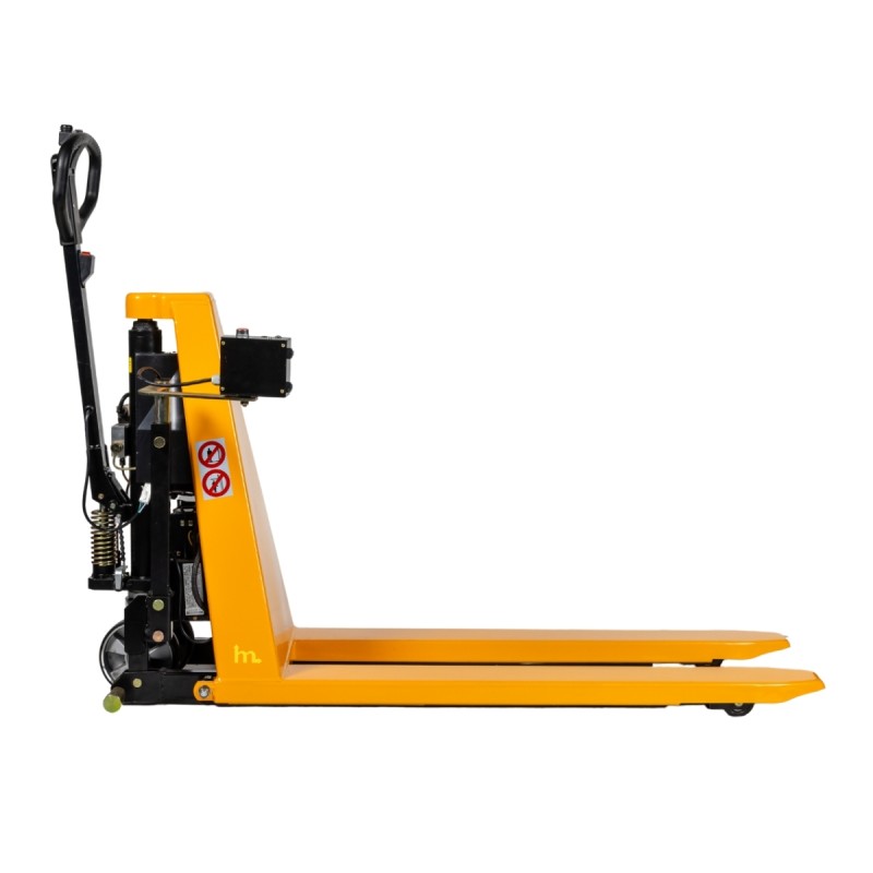 Vista de perfil de la transpaleta elevadora con nivel constante 1000kg monocilíndrica en posición baja