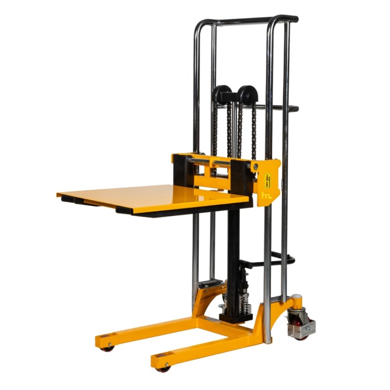 Vista trasera de 3/4  del apilador manual 400kg 1300mm con plataforma medio-alta