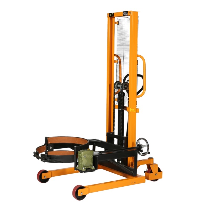 Vista trasera de 3/4 del apilador volteador de barriles de plástico o metal 400 kg sin barril