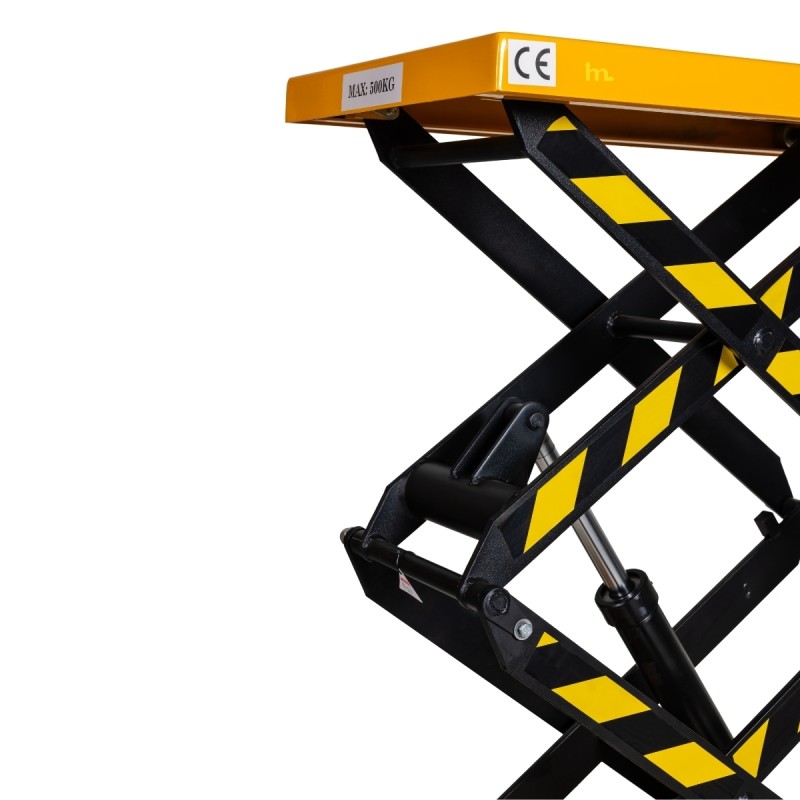 Zoom sobre las tijeras y la plataforma de la Mesa Elevadora Eléctrica móvil capacidad 500 kg