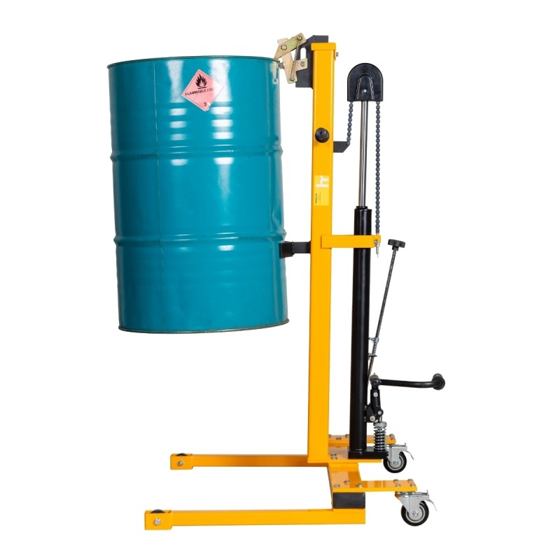 Vista de perfil del Elevador de barril perfil bajo 300 kg con un barril elevado
