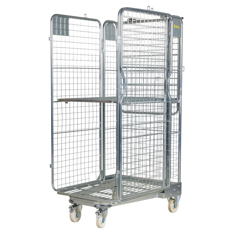 Roll container antirrobo 4 laterales con ruedas de nylon con puerta abierta y  techo plegado