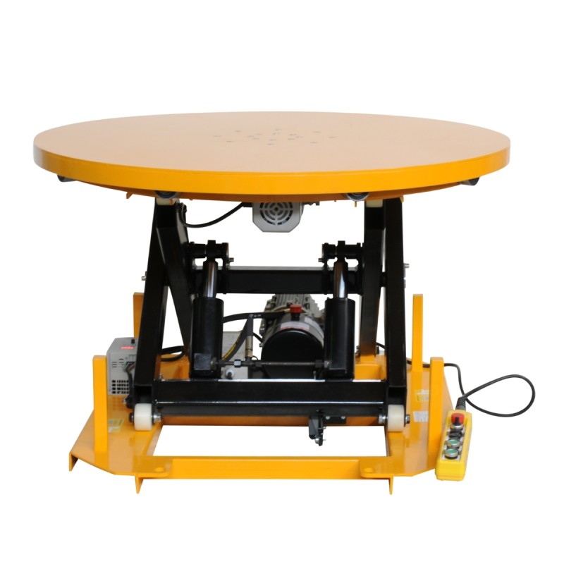 Vista general de la mesa elevadora giratoria eléctrica 2000kg sin fuelle de protección y completamente elevada