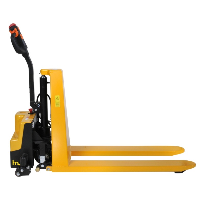 Vista de perfil con las horquillas bajadas de la Transpaleta elevadora totalmente eléctrica monocilíndrica