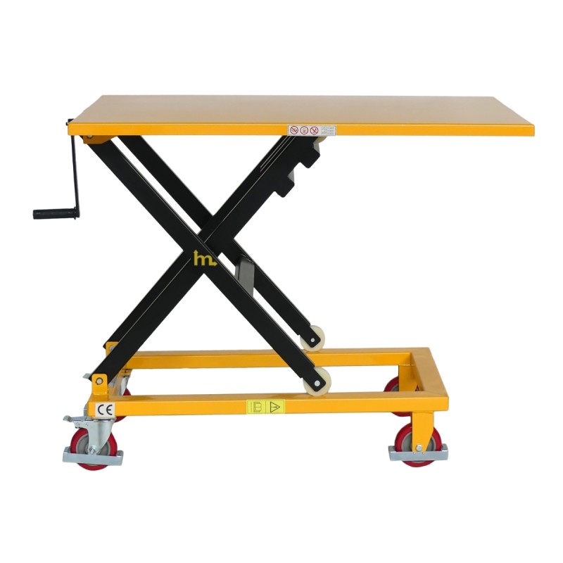 Vista lateral de la mesa elevadora con manivela 300 kg plataforma 1150 x 750 mm