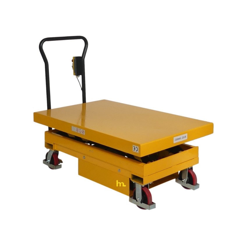 Vista posición baja de la mesa elevadora móvil semieléctrica 1000 kg - plataforma: 1200 x 800 mm