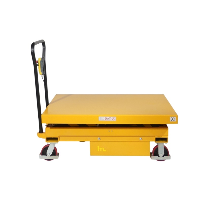 Vista lateral de la posición baja de la mesa elevadora móvil semieléctrica 1000 kg - plataforma: 1200 x 800 mm