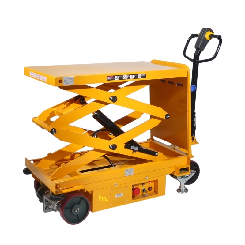 Vista en 3/4 baja de la mesa elevadora eléctrica móvil doble tijera 500 kg - Plataforma 1020x610 mm