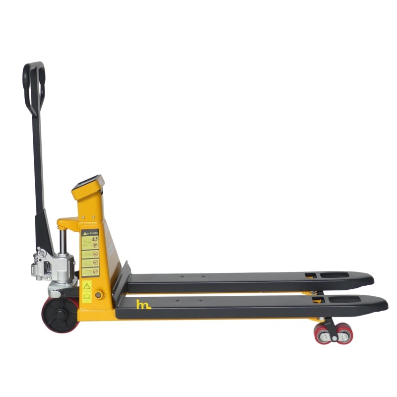 Vista lateral de la transpaleta manual pesadora con batería 2000 kg Precisión 0,1%