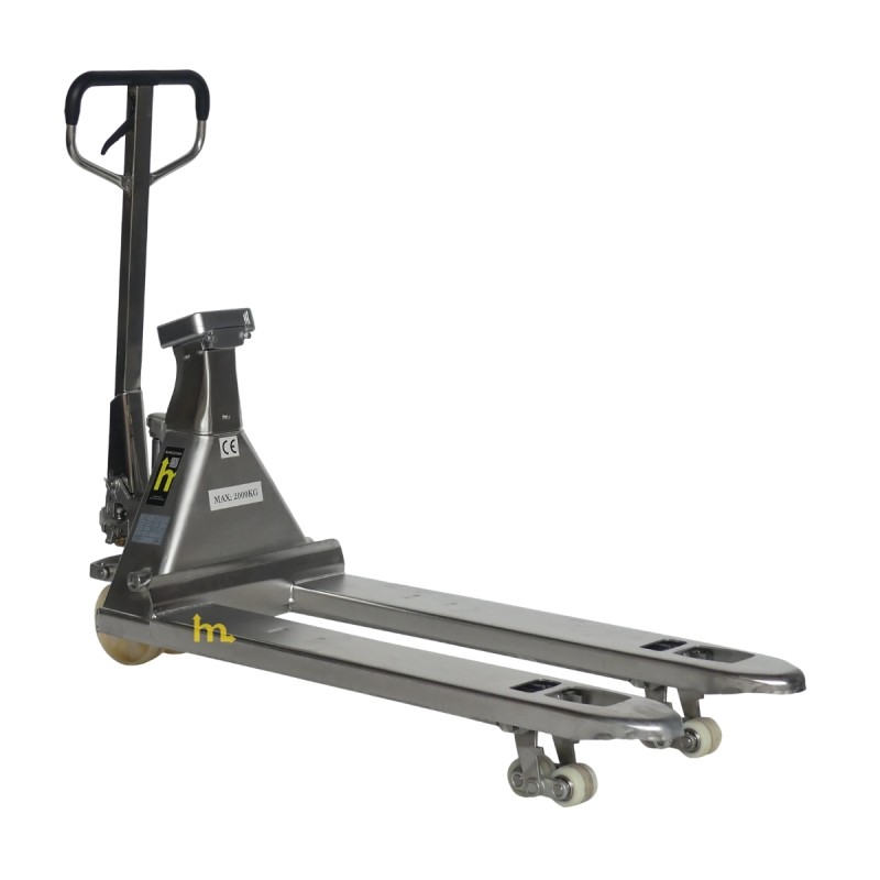 Vista en 3/4 de la transpaleta bascula INOX 316 - 2000kg - Precisión 0,1%