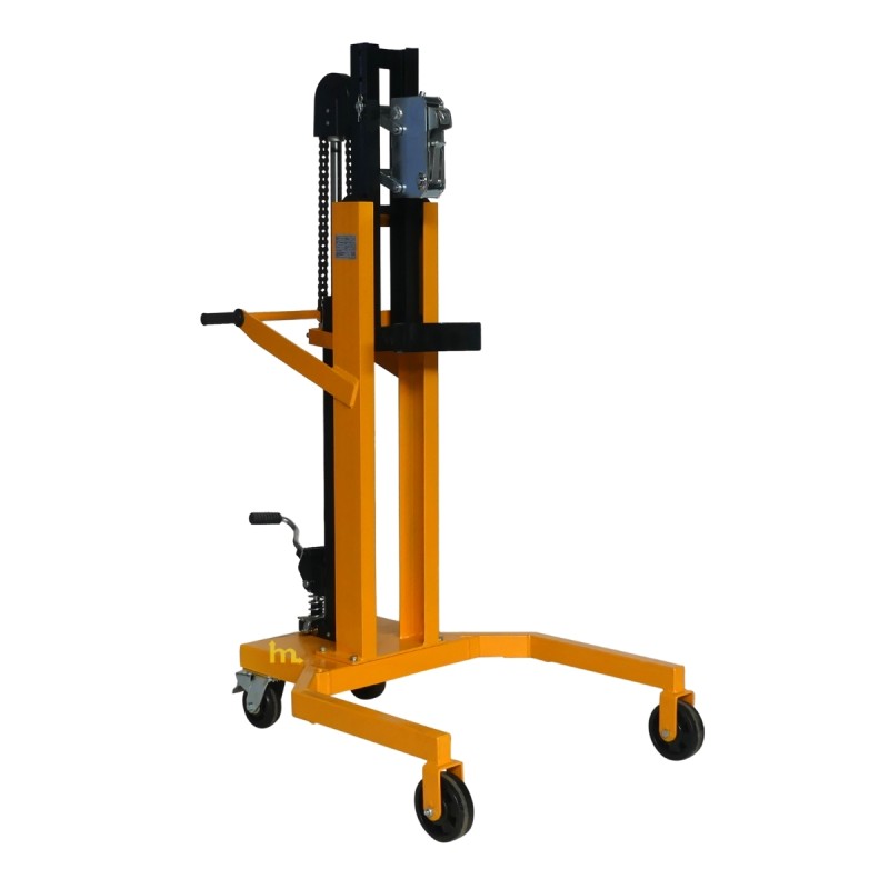 Vista en 3/4 del elevador de barriles hidráulico 450 kg