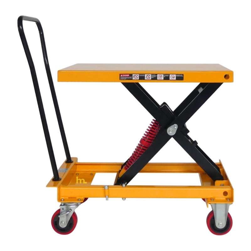 Vista lateral de la mesa elevadora manual con nivel constante 210 kg - Plataforma 815x500 mm