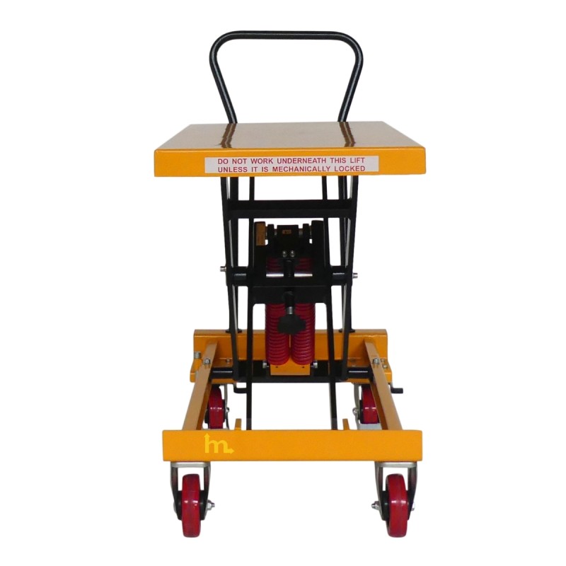 Vista frontal de la mesa elevadora manual con nivel constante 400 kg - Plataforma 1010x500 mm