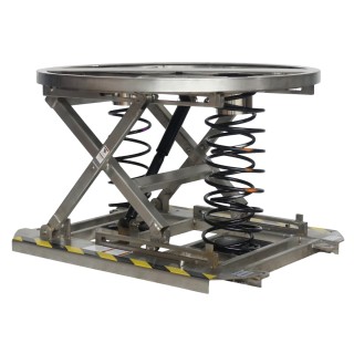 Vista general de la mesa elevadora manual giratoria de nivel constante INOX 2000 kg Plataforma abierta