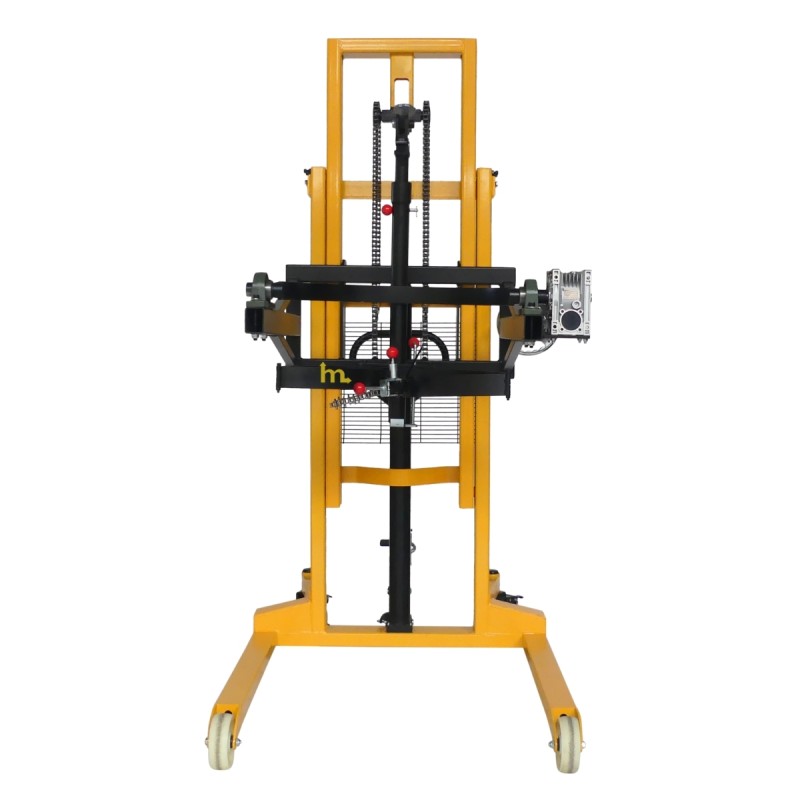 Vista frontal del apilador Volteador de bidones 450kg - Uñas separación 850 mm para palets - Elevación 2100 mm