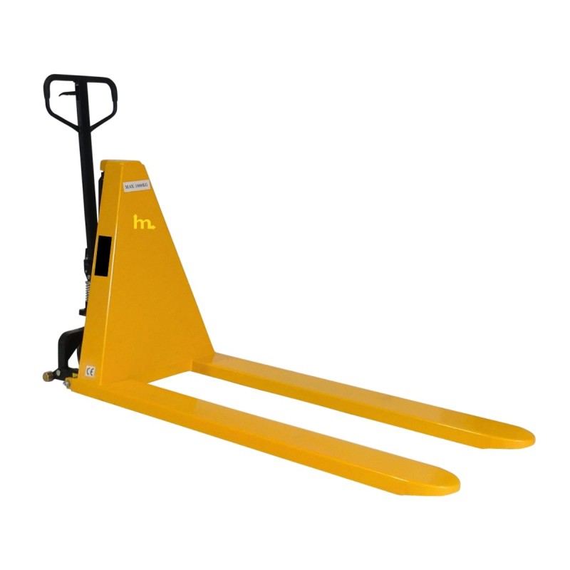 Vista trasera en 3/4 de la transpaleta elevadora manual monocilíndrica 1000 kg - Horquillas largas 1500 mm