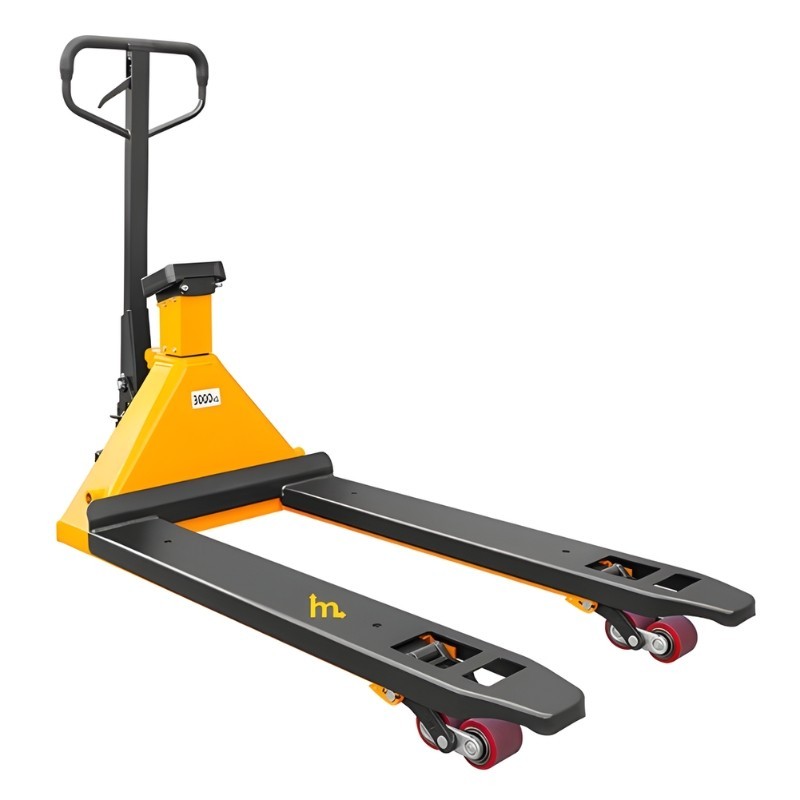 Vista de perfil de la transpaleta elevadora semieléctrica 1000 kg - Horquillas largas 1500 mm