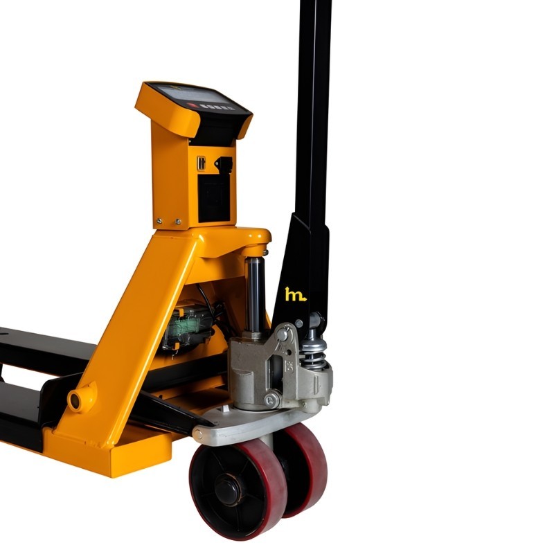 Vista trasera en 3/4 de la transpaleta elevadora semieléctrica 1000 kg - Horquillas largas 1500 mm