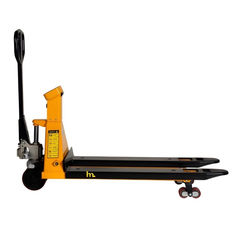 Vista frontal de la transpaleta elevadora semieléctrica 1000 kg - Horquillas largas 1500 mm