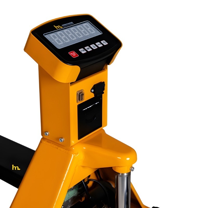 Zoom al panel de control de la Transpaleta pesadora 2000 kg con impresora de etiquetas adhesivas